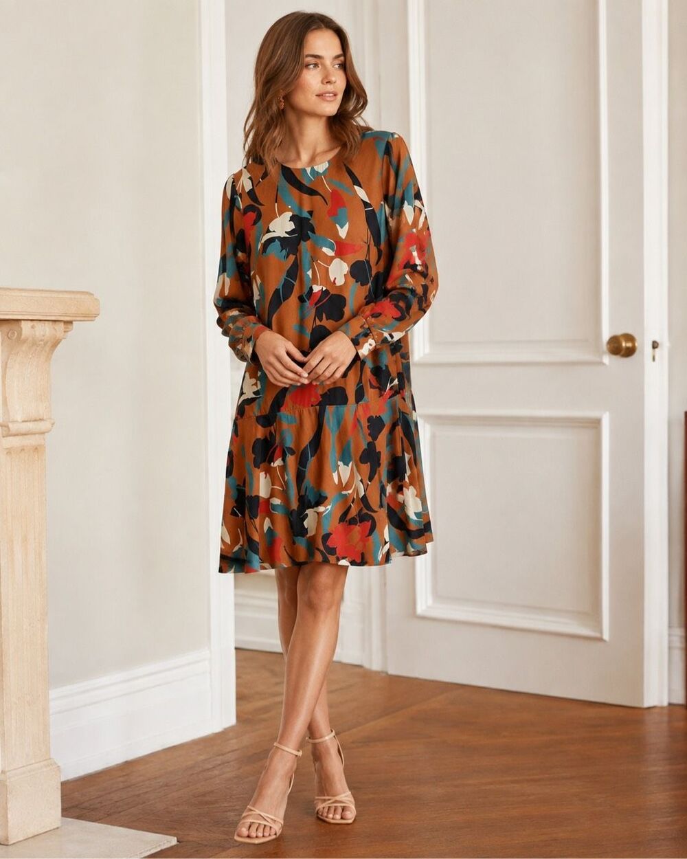 CHRISTY LYNN Silk Floral Dress Size Medium Drop Waist Luxury Brown Red Teal - Picture 16 of 16